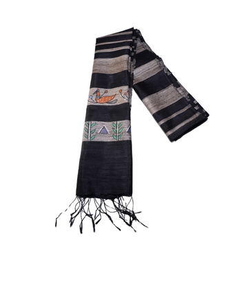 Hand-Painted Tassar Silk Stole – Made by Tribes of Jharkhand - Black