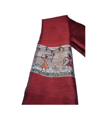 Hand-Painted Tassar Silk Stole – Made by Tribes of Jharkhand - Marron