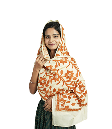 Handstitched Kantha Stole by Tribes of West-Bengal (Off white with orange)