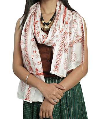 Handstitched Kantha Stole by Tribes of West-Bengal (White with Red embroidery)