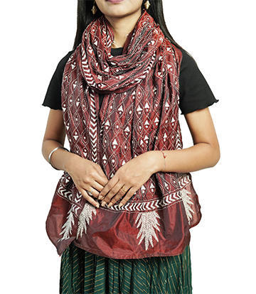 Handstitched Kantha Stole by Tribes of West-Bengal (Maroon with white embroidery)