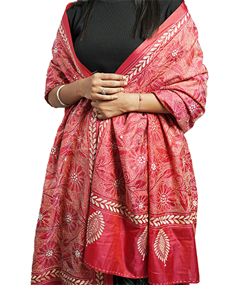 Handstitched Kantha Stole by Tribes of West-Bengal (Red with white embroidery)