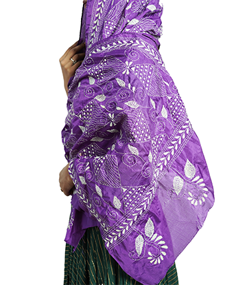 Handstitched Kantha Stole by Tribes of West-Bengal (Purple with white embroidery)