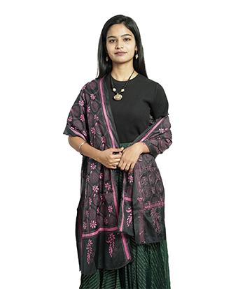 Handstitched Kantha Stole by Tribes of West-Bengal (Black with pink embroidery)