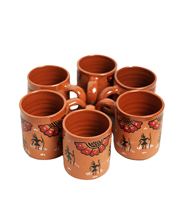 Terracotta Mug Set (6 pieces) With Sohrai Made by Tribes of Jharkhand