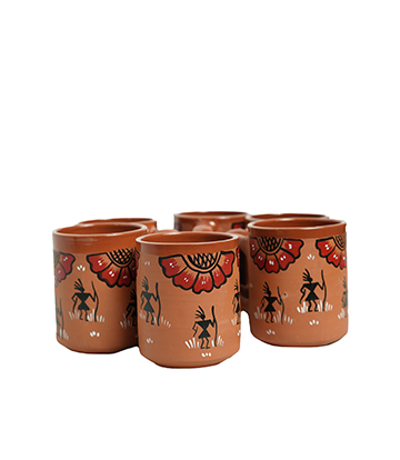 Terracotta Mug Set (6 pieces) With Sohrai Made by Tribes of Jharkhand