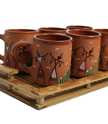 Terracotta Mug Set (6 pieces) With Sohrai Made by Tribes of Jharkhand