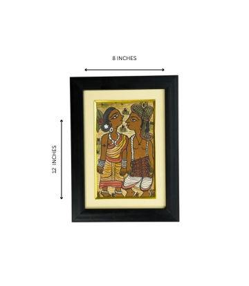 Handpainted Paitkar with a tribal couple standing in a field-Made by tribes of Jharkhand