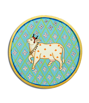 Hand-Painted Pichwai on Wooden Plate Made by Tribes of Rajasthan (Small 10")