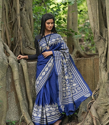 Navy blue Katha stich Saree