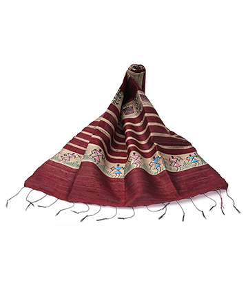 Hand Painted Tassar Silk  Stole Made By Tribal Artisans Of Jharkhand-Maroon Colour