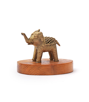 Dokra Elephant Statue With Wooden Base Made