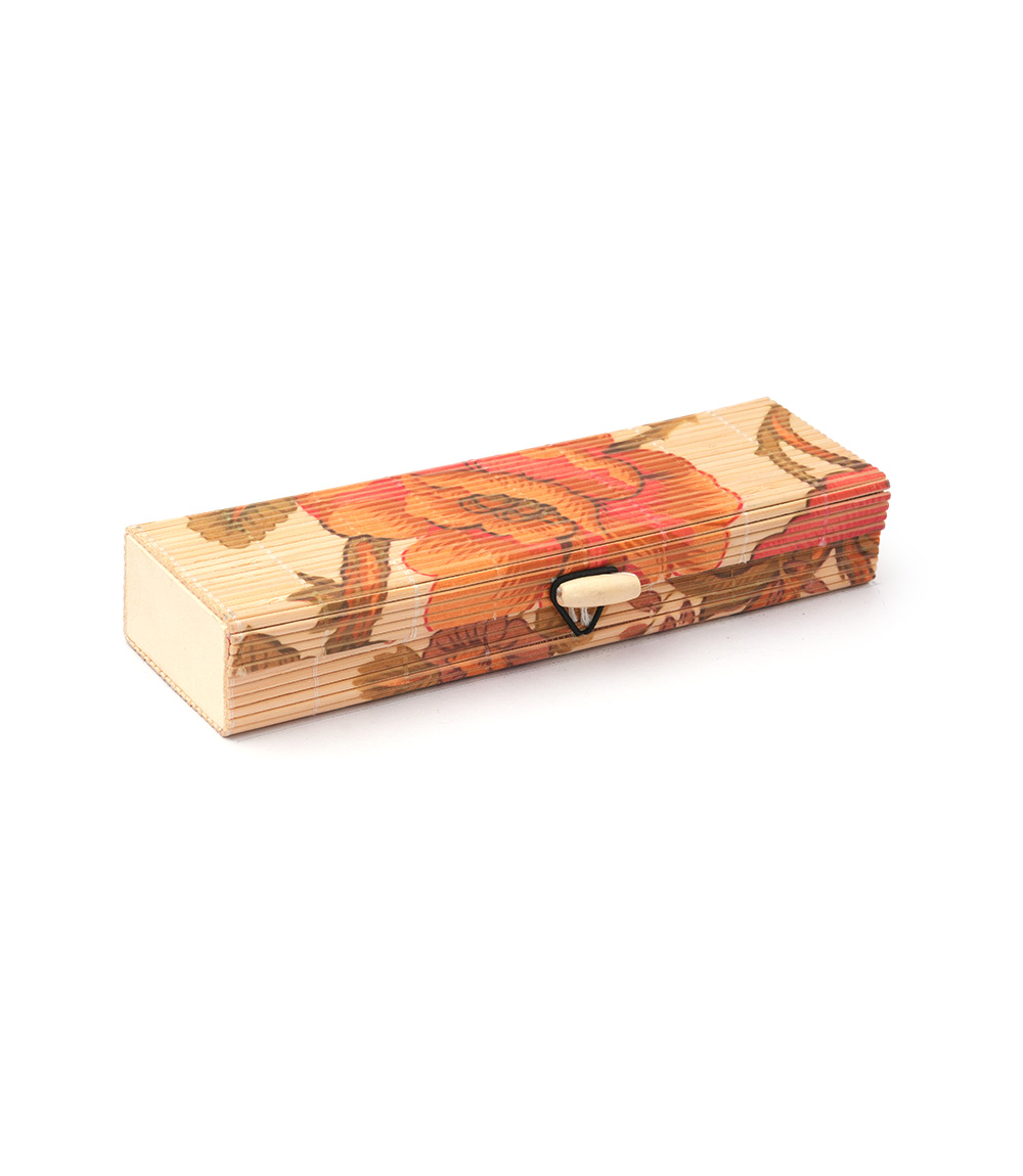 Bamboo Pencil Box Made by Tribes of Assam (Brown Flowers Print)