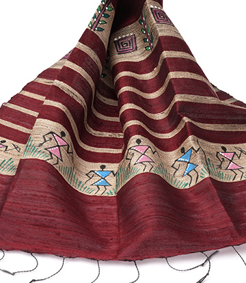 Hand Painted Tassar Silk  Stole Made By Tribal Artisans Of Jharkhand-Maroon Colour